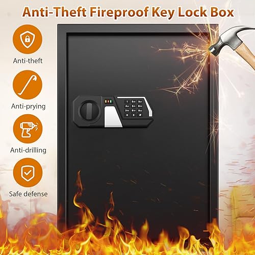 Miniatura 9 de Caja fuerte ignífuga para gabinete de 144 llaves con placas de gancho ajustables y etiquetas, caja de bloqueo antirrobo para montaje en pared con