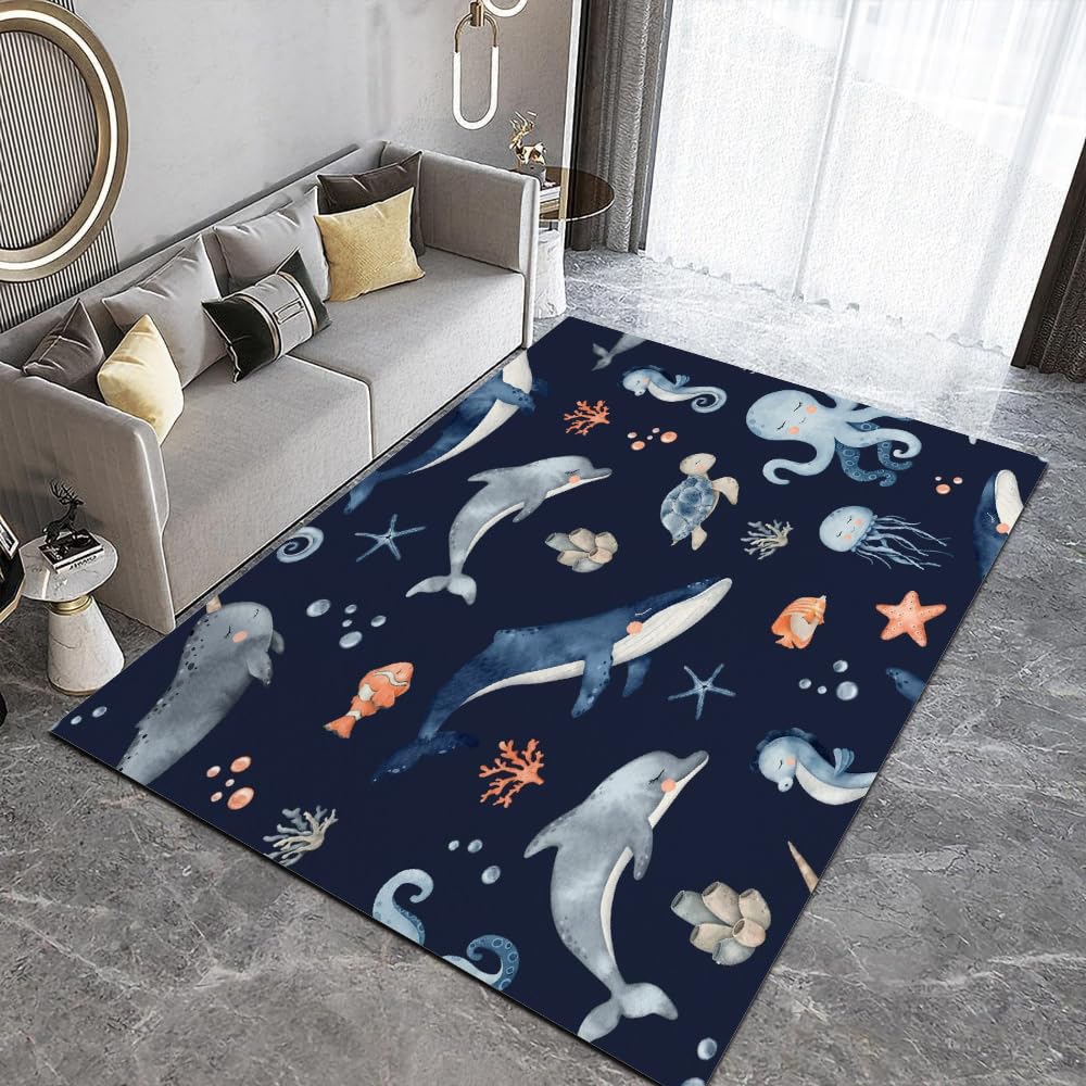 Unterwasserwelt Kurzflor Teppich 3D Ozean Tiere Muster Kinder Teenager Kurzflor Flanell Teppiche rutschfeste Spielteppiche FüR Schlafzimmer Flur Wohnzimmer Boden Teppich 120x160 cm