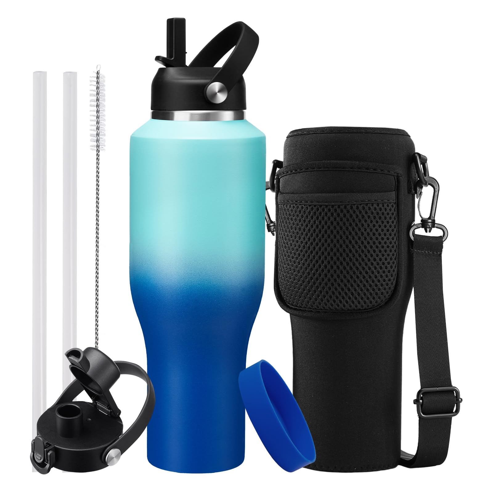 Insulated Water-Cup Skinny-Bottle 40 oz - Stainless Steel Insulated Water Bottles fits in Cup Holder, Leak Proof Metal Flask Water Cup with Straw Spout Lids for Women Men