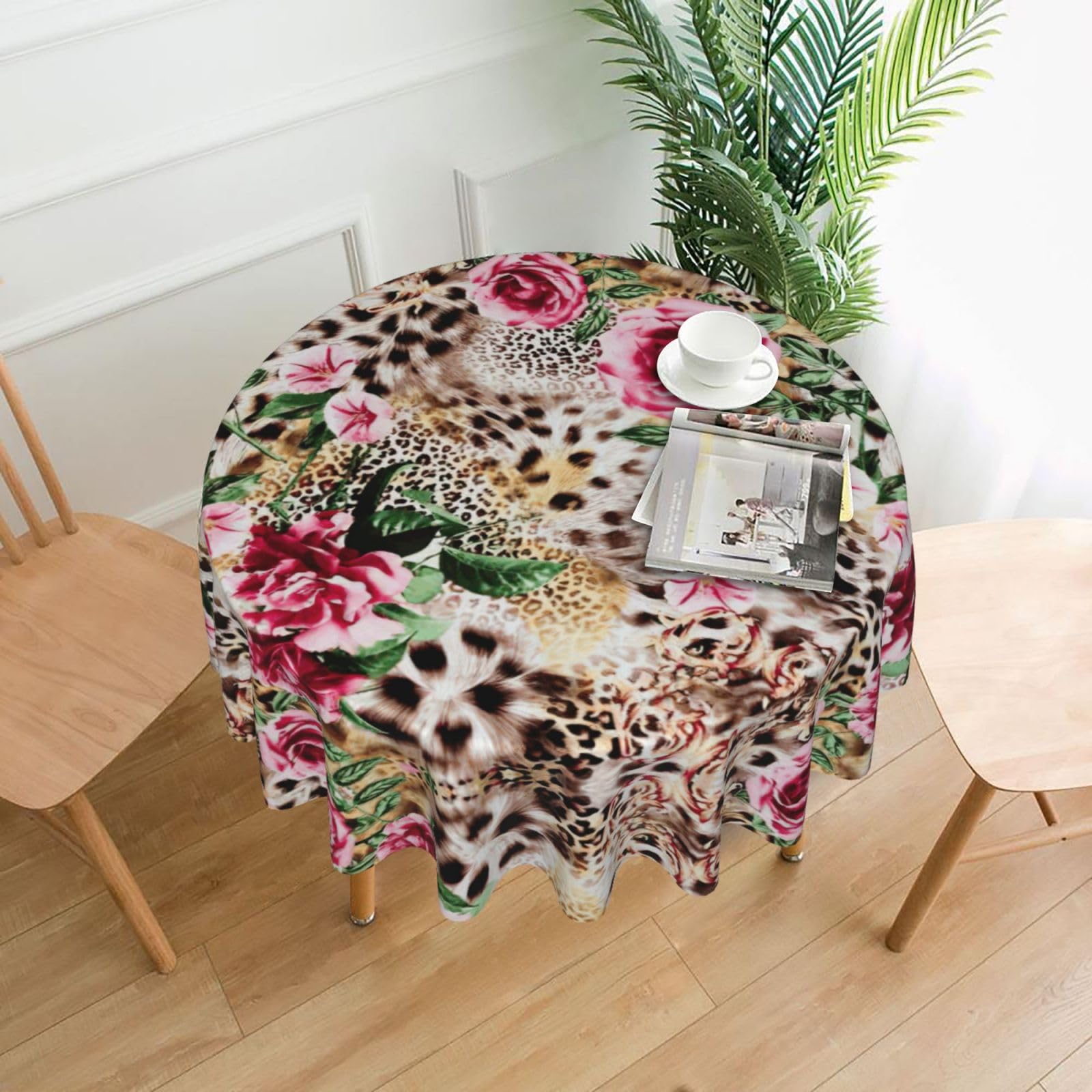 Uusnwaa Animal Tiger Leopard Print Rose Flower Print Round Tablecloth 60 Inch, Stain Wrinkle Resistant Washable Polyester Table Cover For Kitchen Party
