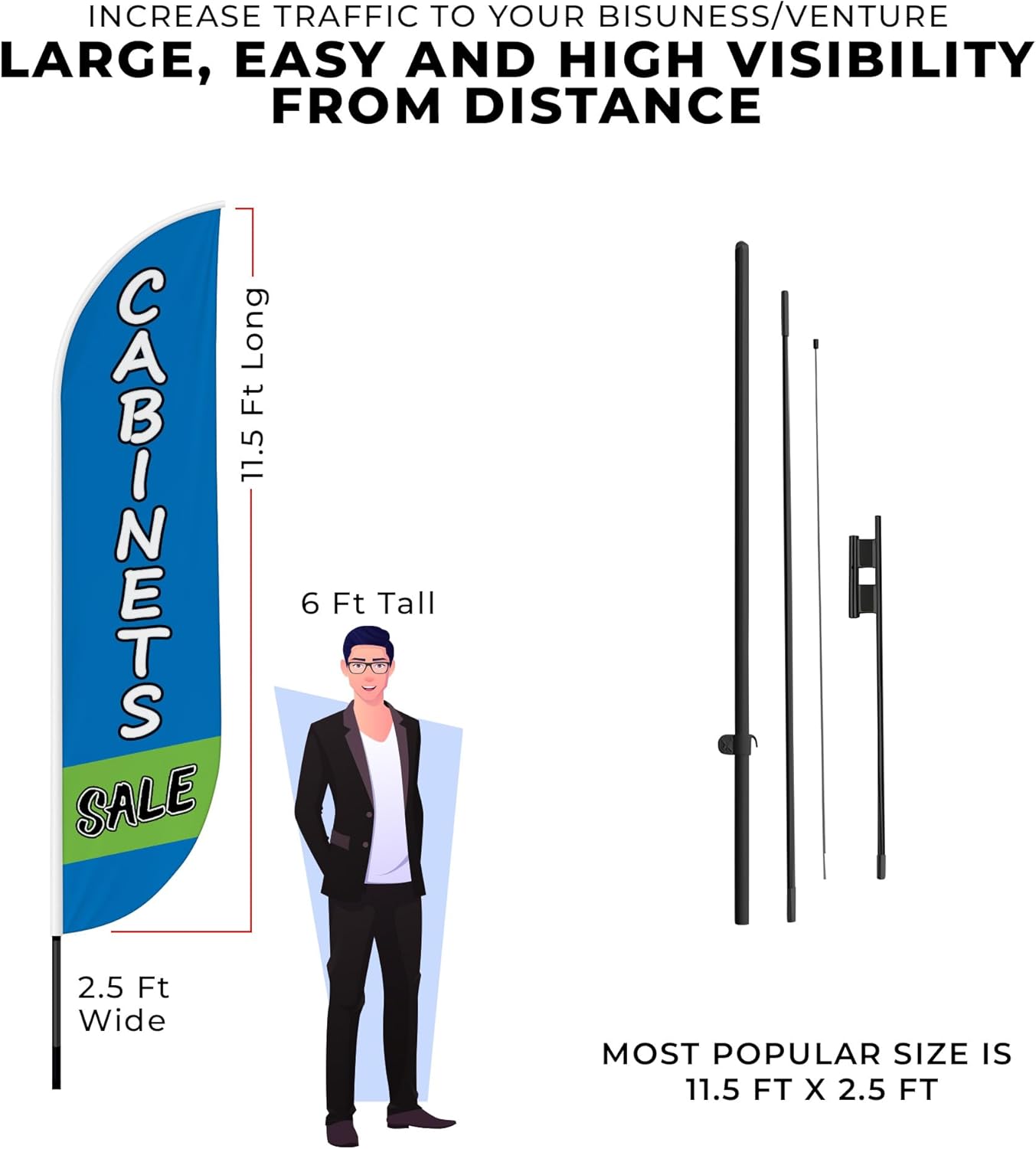 Cabnets Sale Feather Flag(11.5feetX2.5feet) by DreamController for Business Outside with optional add-on Pole(15Feet) and Groundspike | Custom Swooper Flag | Made in USA