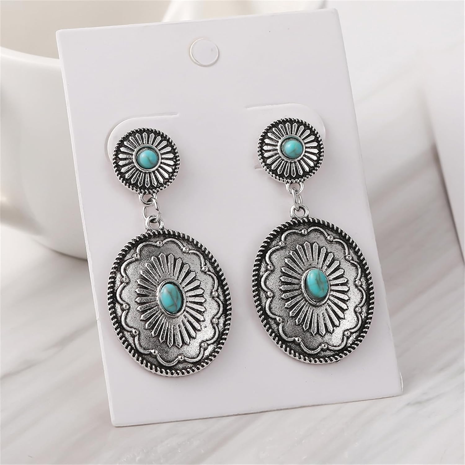 Dreuyet 2 Pairs Western Earrings for Women Vintage Rustic Couture's Cowgirl Oval Turquoise Dangle Earring Concho Dangling Earrings Country Concert Outfits Statement Jewelry (Elliptical Tqse) - Image 3