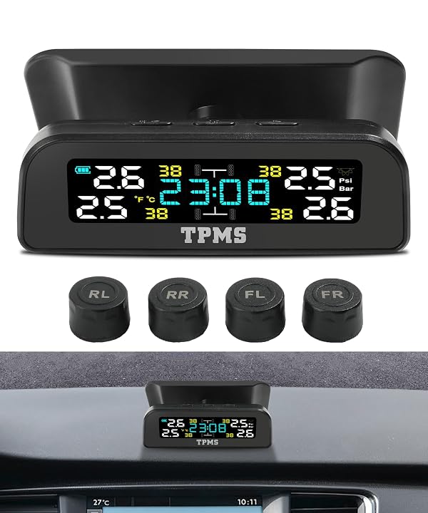 bylikeho Tire Pressure Monitoring System,Car Accessories Wireless Solar Tpms Sensor,Tire Pressure Monitor Sensor with 4 External Sensors,Real-time Display Temperature Pressure 22-87 PSI for Car RV SUV by bylikeho - Used condition - US$13.63