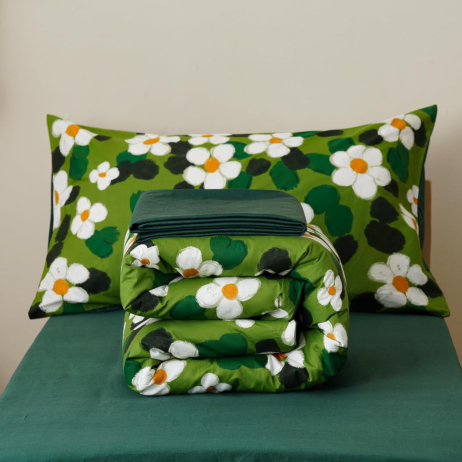 Cottonight Floral Cotton Toddler Comforter Set Green Flowers Boho Crib Bed Set Sunflower Girls Kids Children Bedding Set for Dorm Bedroom(1 Comforter, 1 Flat Sheet, 1 Fitted Sheet, 1 Pillowcase)