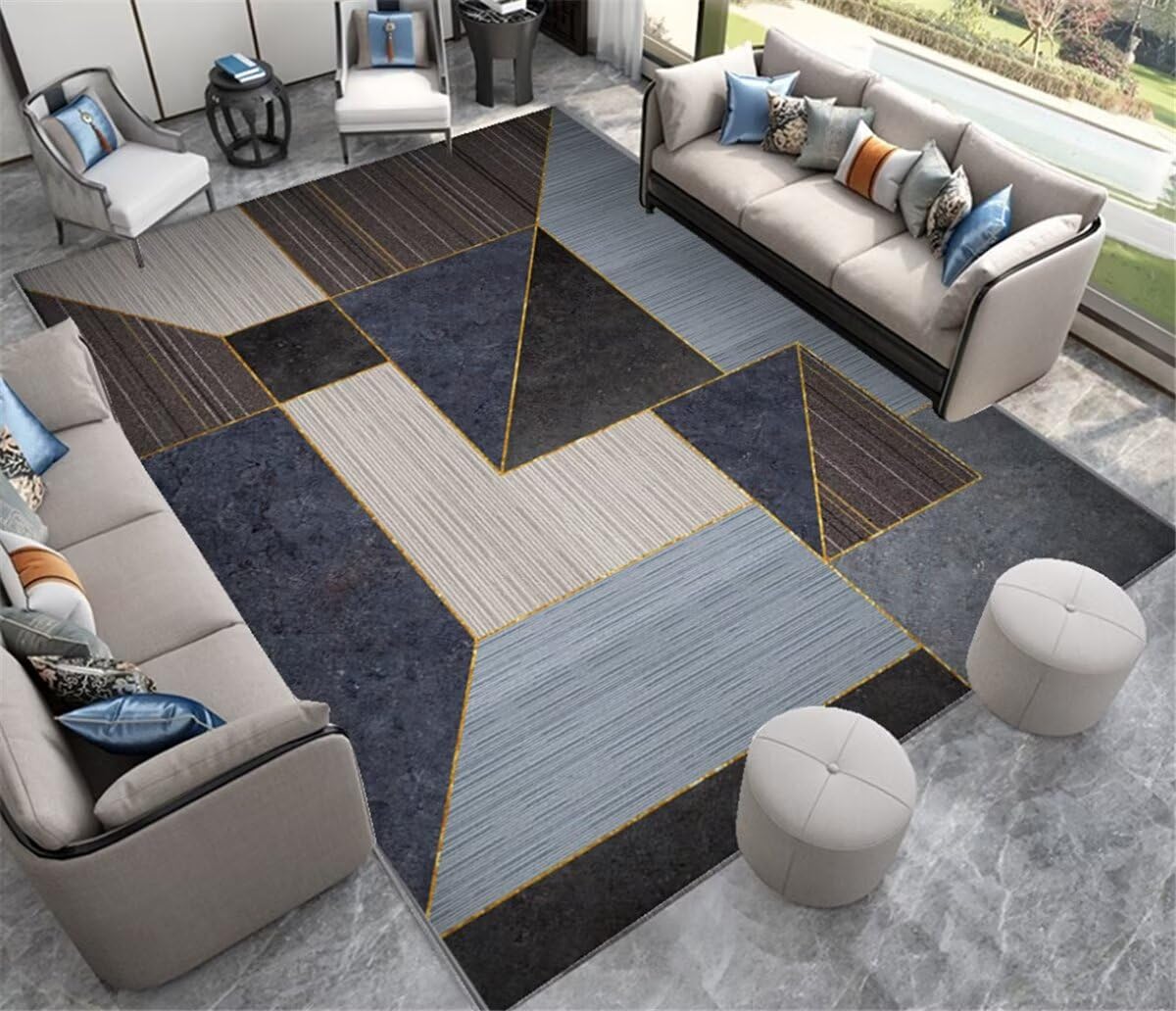 Tapis salon grande taille lavable au design géométrique gris bleu