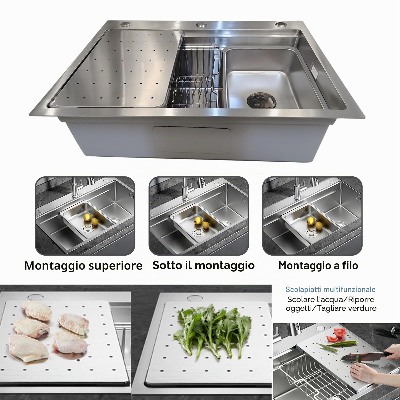 80x50CM Lavello da Cucina Nero in Acciaio Inox 304SUS, 1 Bacino Lavello da Incasso, Lavello da Cucina in Acciaio Inox Rettangolare, Con Sgocciolatoio, Gruppo Di Scarico E Kit Di Trabocco Per