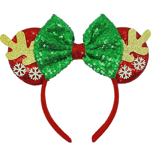 Diademas de orejas de ratón de Navidad, diademas de lazo de Navidad para mujeres y niñas, bandas para el pelo de cuerno de alce con lazo verde para