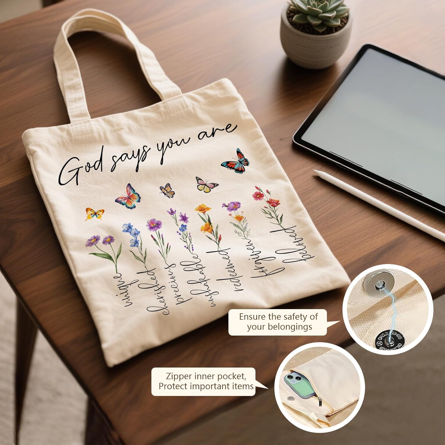 Aesthetic Canvas Tote Bag for Women - with Magnetic Snap Closure & Zipper Inner Pocket Reusable Bag for Shopping - Image 5