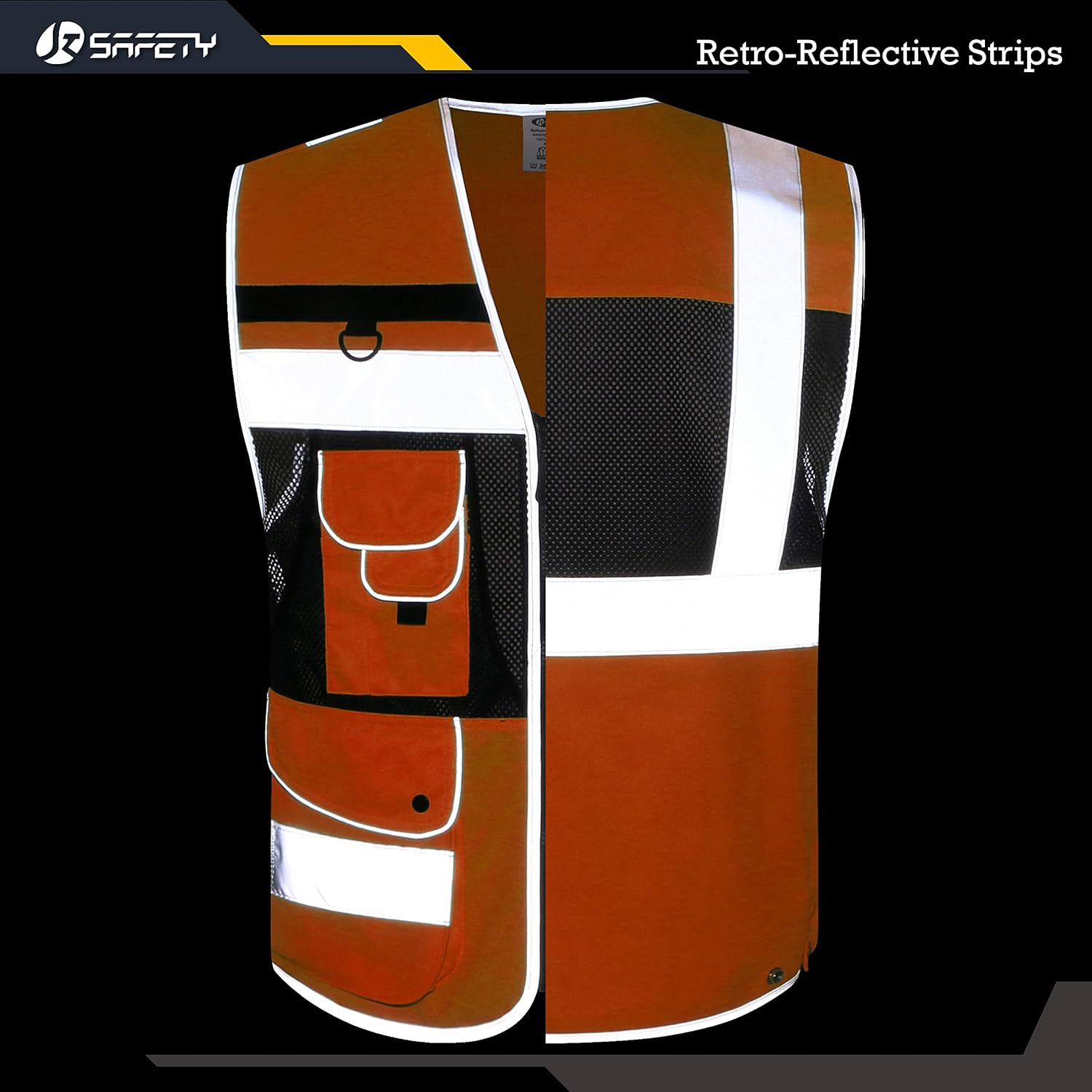 JKSafety 12 Pockets Class 2 High Visible Reflective Safety Vest Zipper Front Back Pockets Mesh Lining, Orange-Black Meets ANSI/ISEA Standards (180-Orange-Black XXL)