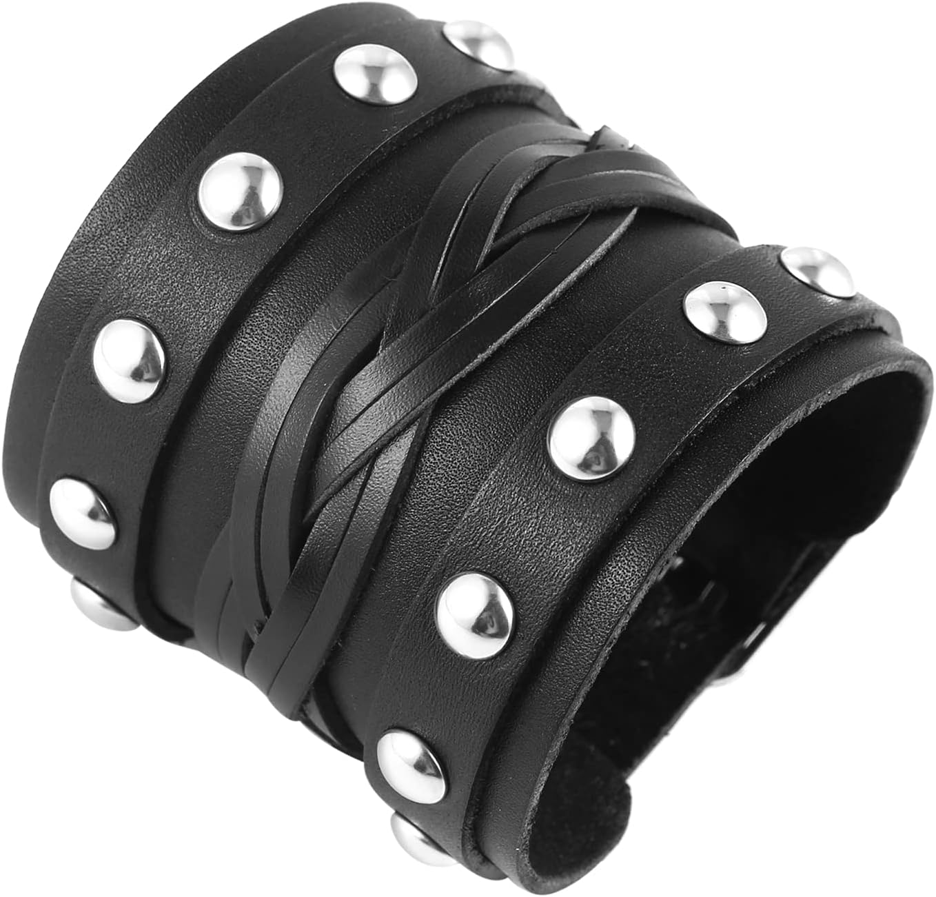 STWTR Men's Wide Cuff Wristband Punk Rock Motorbike Wide Belt Leather Bracelet - Image 3