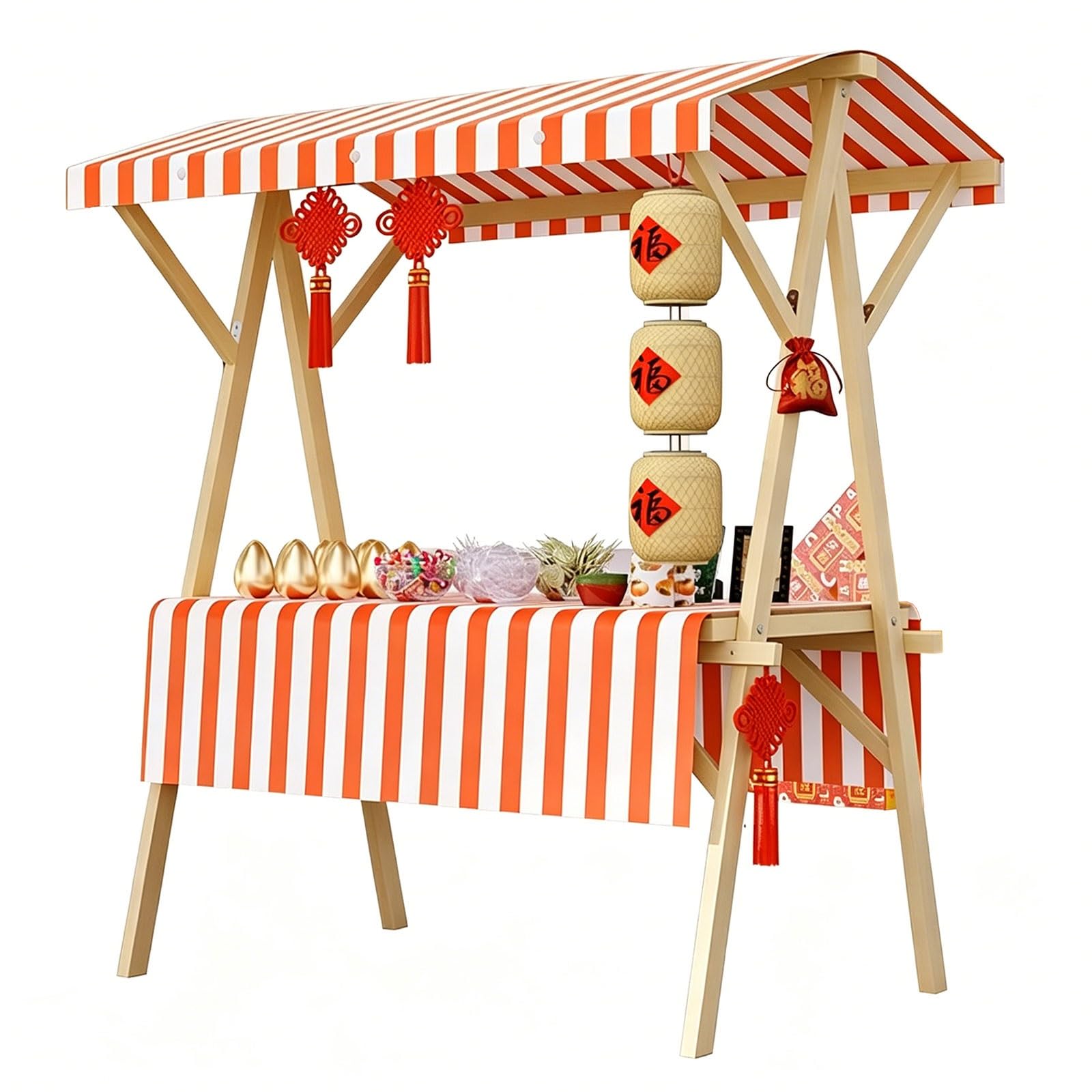 Wooden Market Stall Stand with Canopy, Foldable Vendor Cart Table for Farmers Market, Display Tent for Outdoor Events(Orange,160cm/63in)