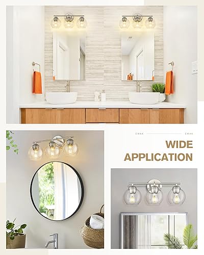 Miniatura 5 de Emak Moderna lámpara de baño de níquel cepillado, luces de tocador de globo de 3 luces con pantalla de vidrio transparente, VL114-BN-3