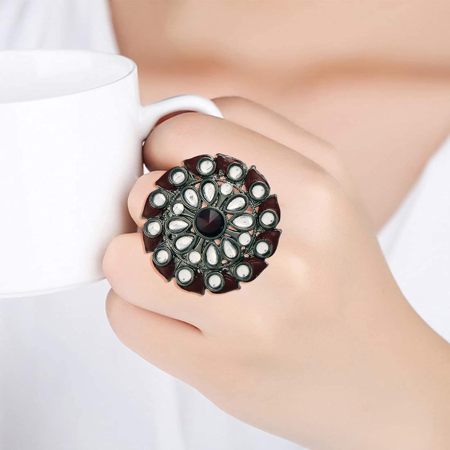 I Jewels Silver Oxidized Indian Wedding Bollywood Kundan Meenakari Work Designer Adjustable Finger Ring for Women (FL199)