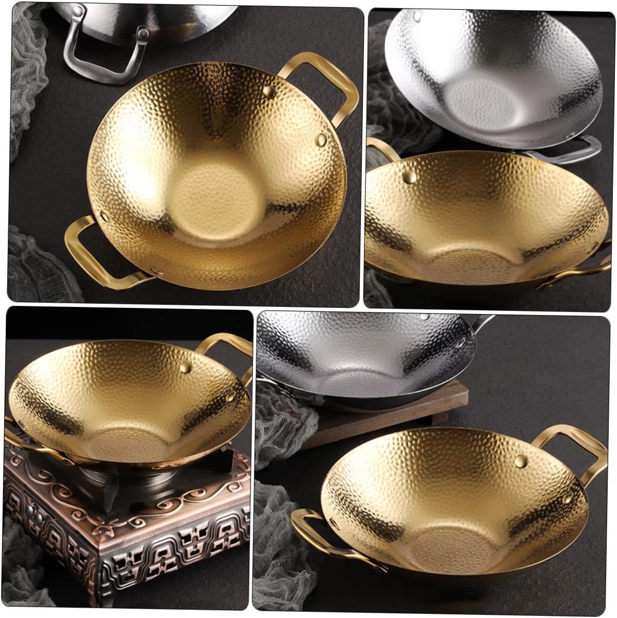 Dry Pot Golden Hammered Stainless Steel with Double Handles