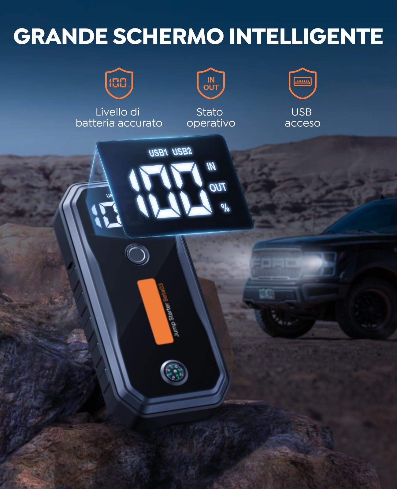 Booster Avviamento Auto, 5000A 26800mah Starter Batteria Auto per Motori a Gas/10.0L Diesel, 12V Avviatore Emergenza per Auto Portatile Con Cavi Di Ponticello Estesi, Carica Rapida, 160W DC, Luci