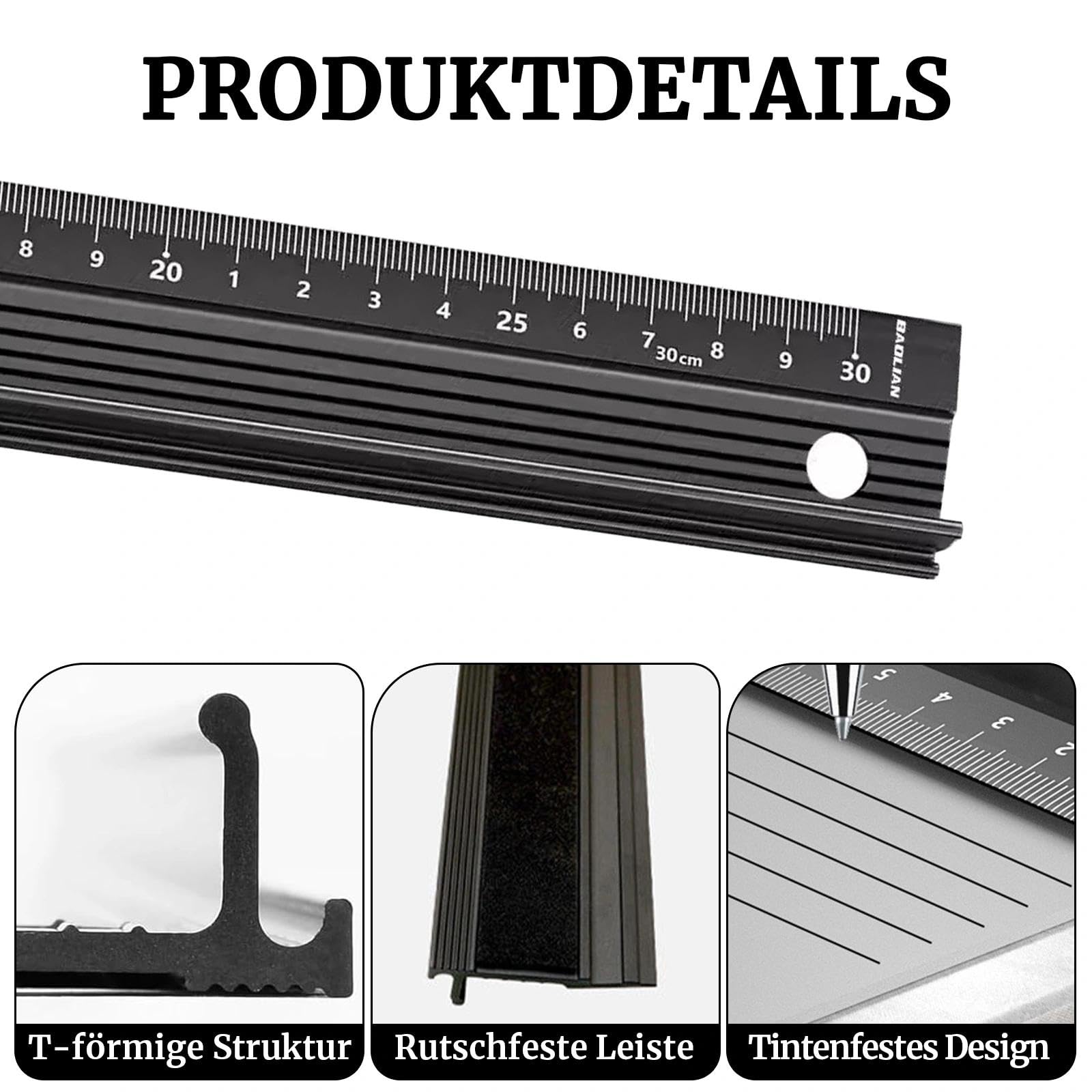 30cm L-Typ Schneidelineal aus Aluminiumlegierung, Rutschsicher Metall Messlineal mit Schutzleiste, Präzisions Lineal für Schneiden Zeichnen Messen Schreinerei DIY
