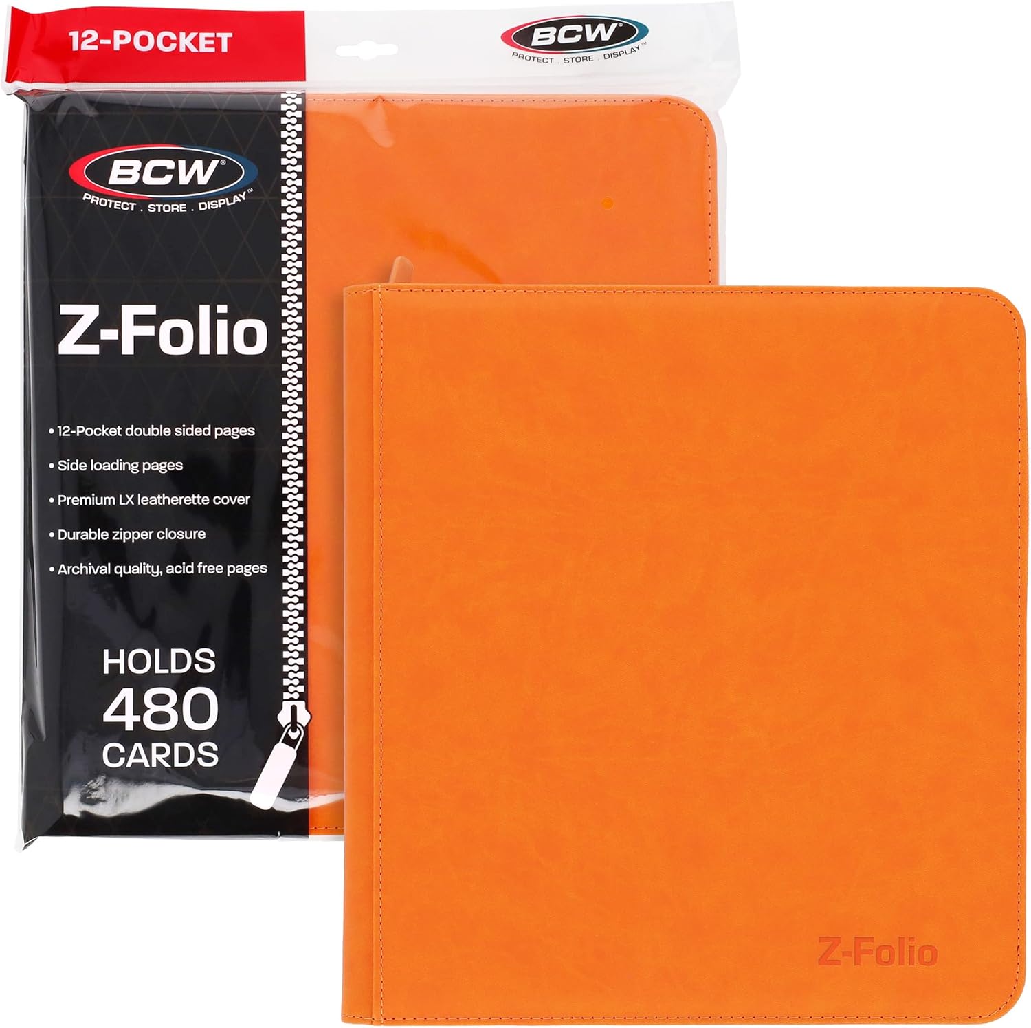 BCW Z-Folio LX Zipper Portfolio – 12-Pocket Playset Album – Premium Orange Leatherette – Secure Zipper – Holds 480 Cards – Trading Card Storage and Organizer