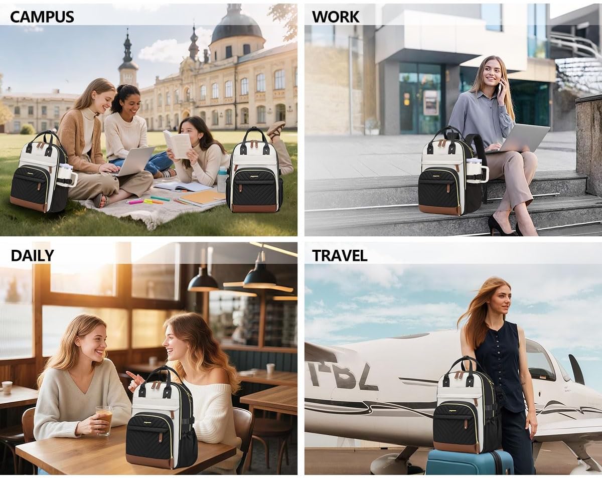 Laptop Backpack for Women Travel Backpacks - 15.6 Inch Laptop Computer Bag with Pouch Pocket Large Capacity Cup Purse Work Business Back pack College Teacher Bags Beige Black Brown