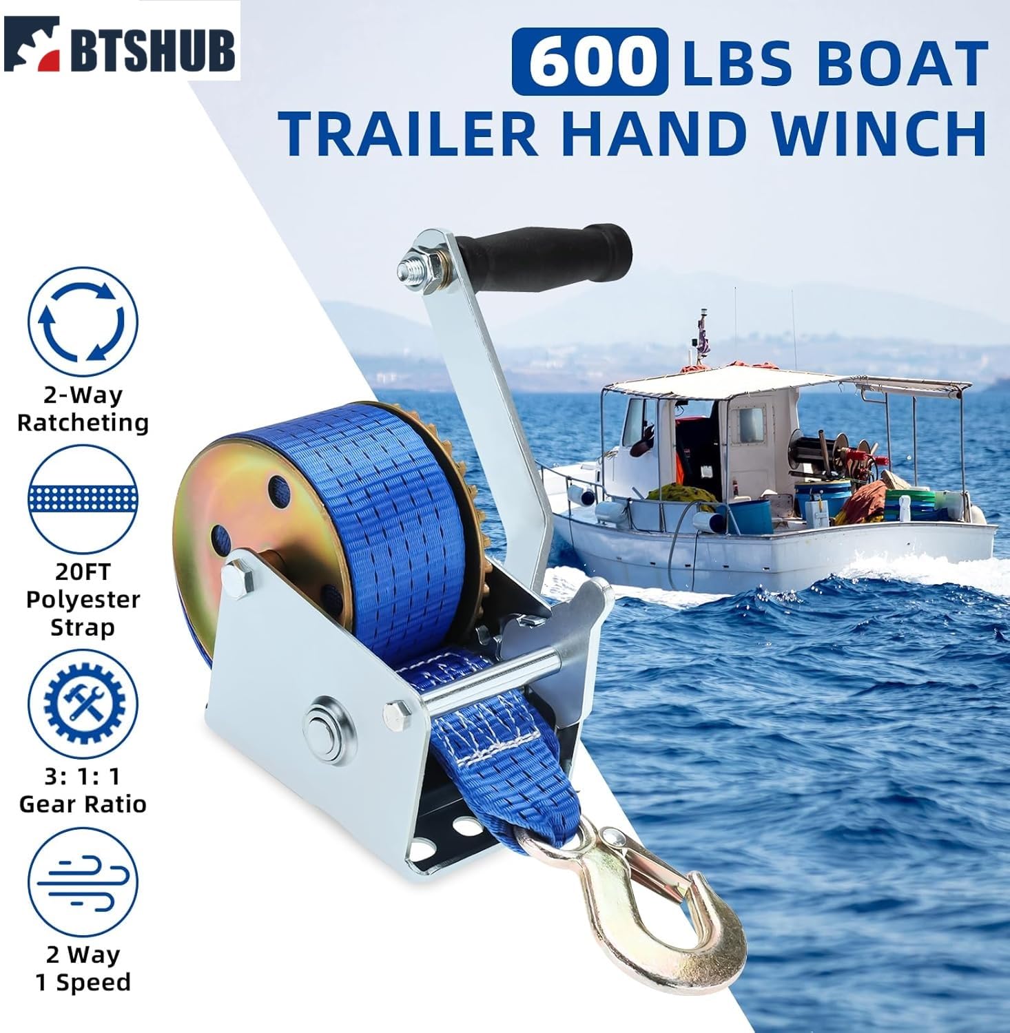 Cabrestante de mano de 272 kg, resistente, correa de poliéster con gancho, para ATV, barco, remolque marino