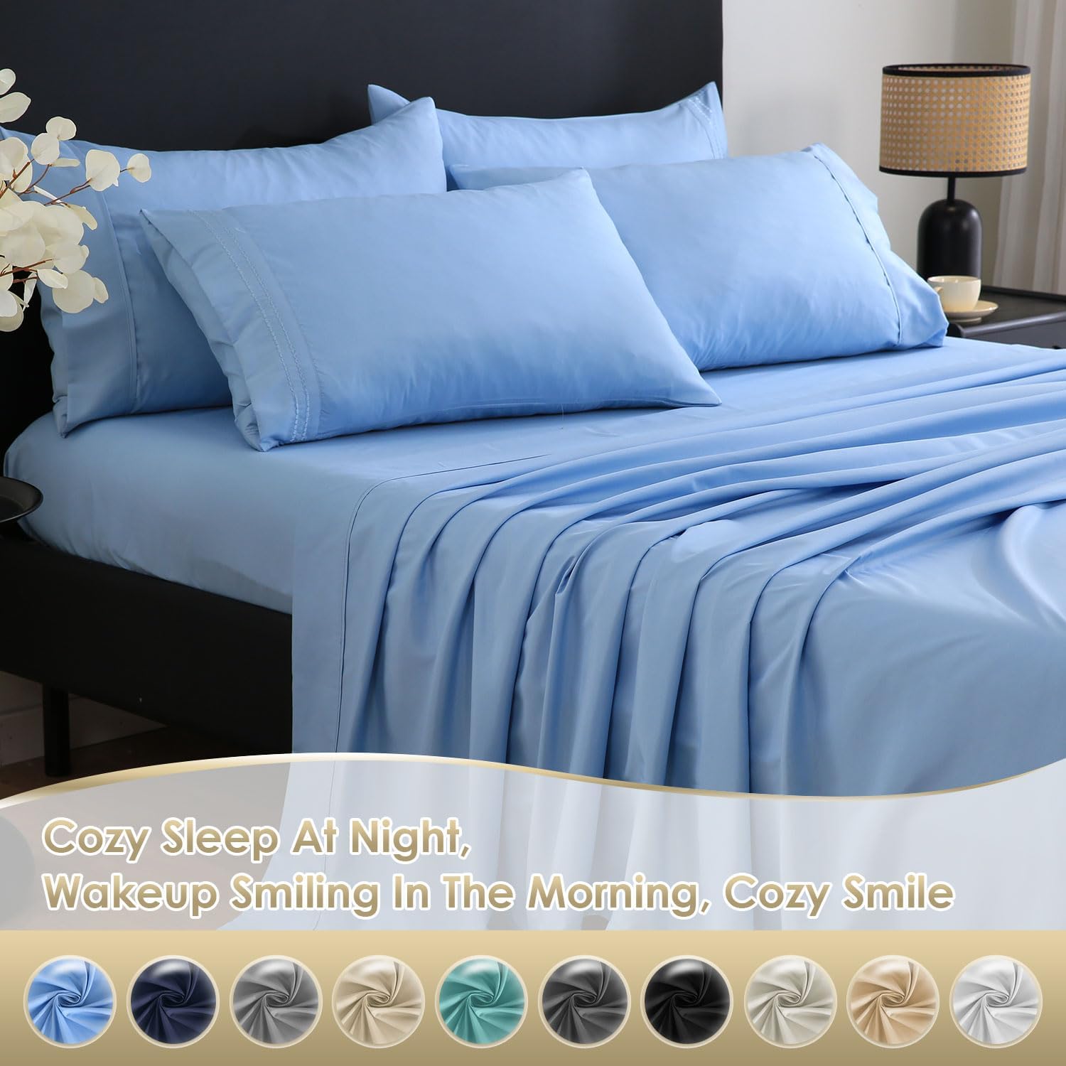 CozySmile Luxury Silky Soft Bed Sheet Set, 6 Piece,King Size, Fits 16 inch Deep Pocket Mattresses, Wrinkle Free & Breathable Cooling, Sky Blue Bedding Sheets (Fitted Sheet, Flat Sheet, Pillowcases)