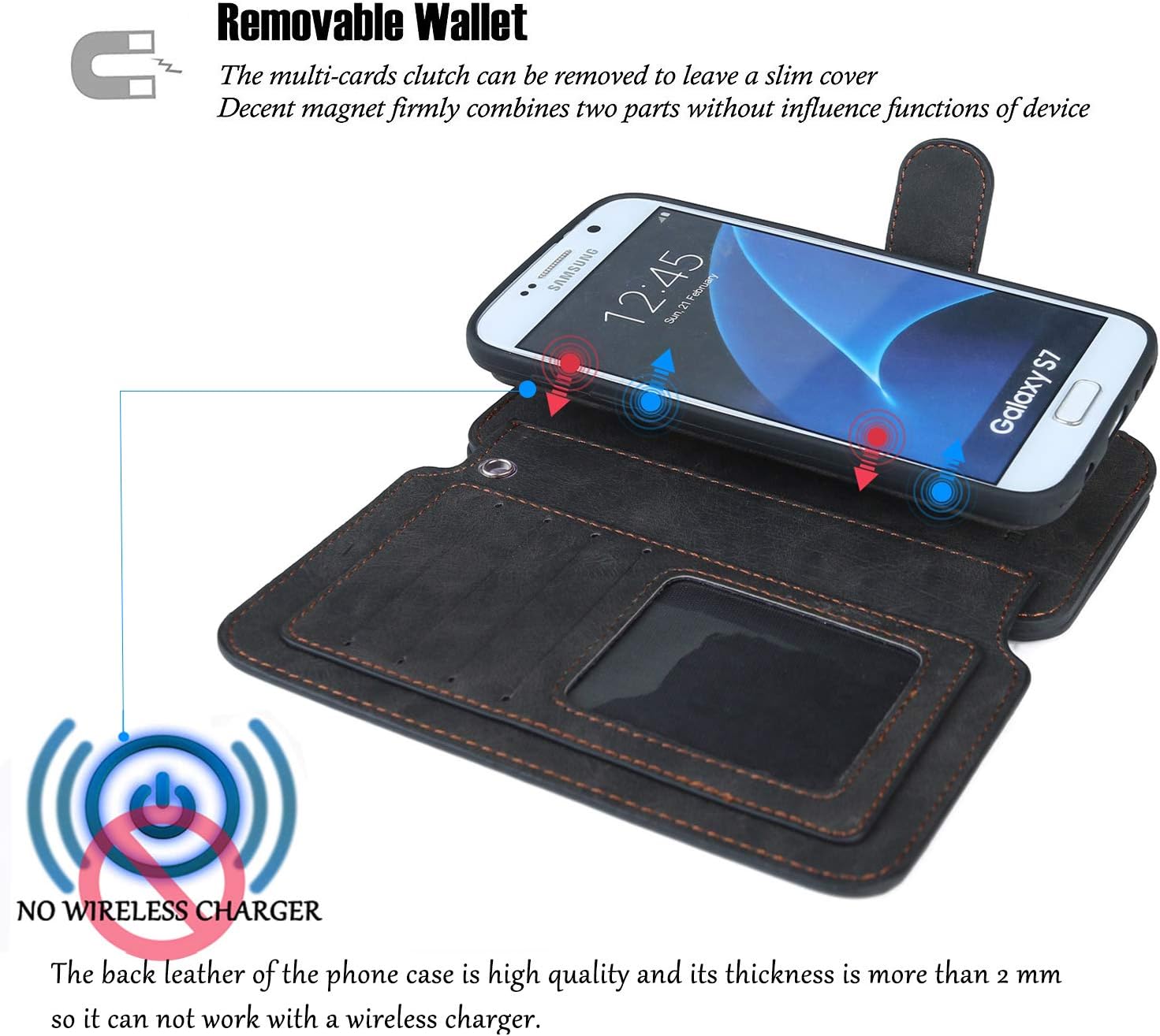 Samsung Galaxy S7 Case, [Detachable Wallet Folio][2 in 1][Zipper Cash Storage][Up to 14 Card Slots 1 Photo Window] Premium PU Leather Purse Clutch with Removable Inner Magnetic TPU Case - Black