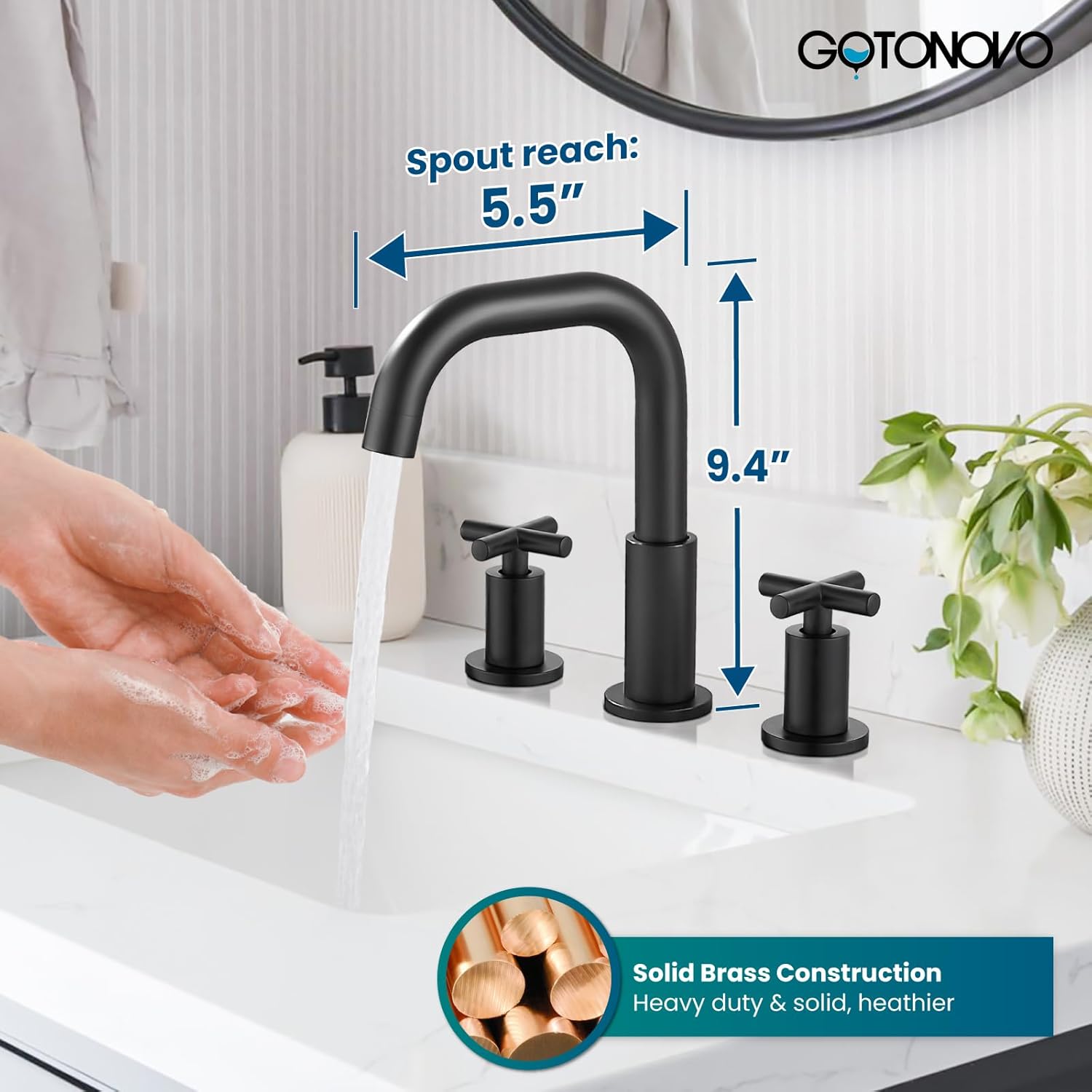 gotonovo 8 inch Widespread 3 Hole Bathroom Sink Faucet,2 Cross Handle Vanity Faucet Deck Mount Basin for Bathroom Sink 360° Swivel Spout with Pop Up Drain Matte Black