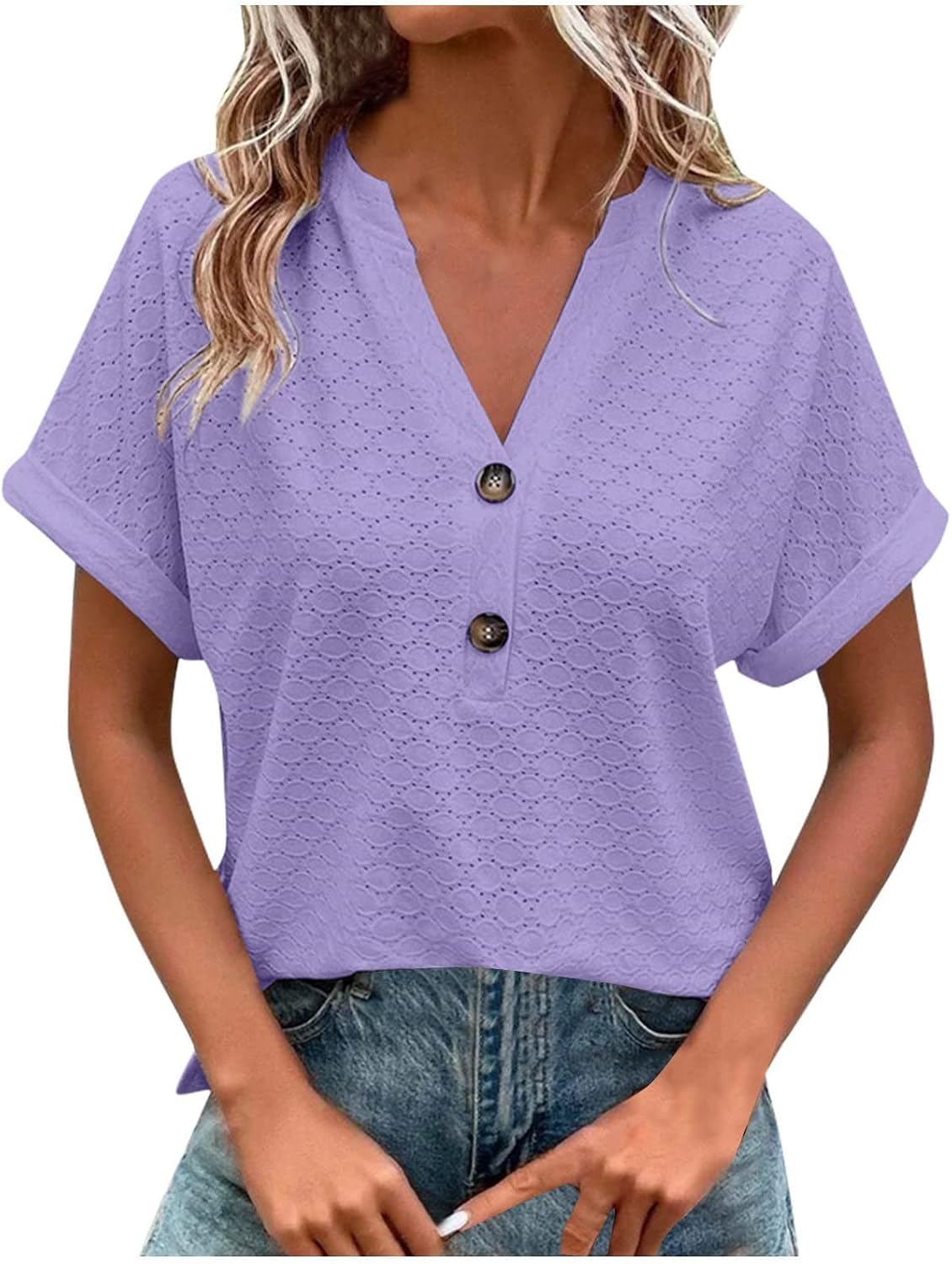 Women's Summer Tops Elegant V Neck Lace Button Down Shirt Casual Short Sleeve Solid Basic Tees Dressy Work Blouses