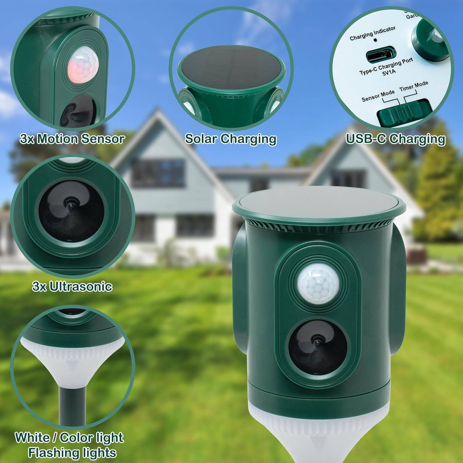 2X Repelente Solar ultrasónico 360° con luz Intermitente,Activado por Movimiento,Impermeable para jardín contra Gatos,Perros,Ardillas,mapaches,mofetas,Conejos y Coyotes