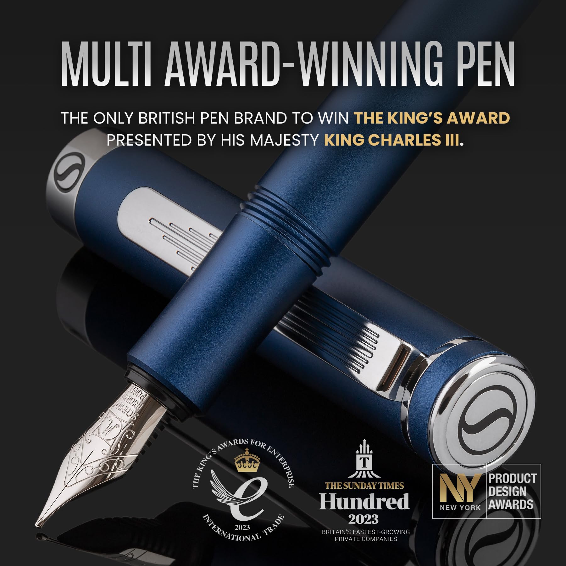 Scriveiner Luxury EDC Fountain Pen (Medium), Stunning Matt Blue Pocket Pen, Chrome Finish, Schmidt German Nib, Converter - Image 2