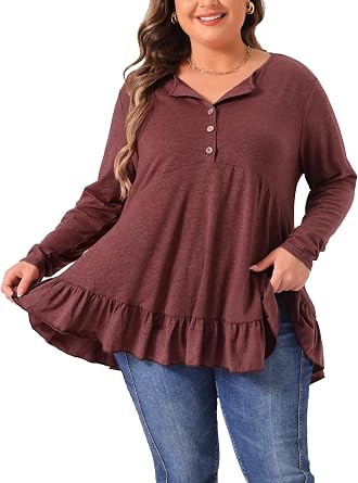 Agnes Orinda Plus Size Tunic Tops for Women Button Henley V Neck Long Sleeve Ruffled Hem Swing Flowy Blouses