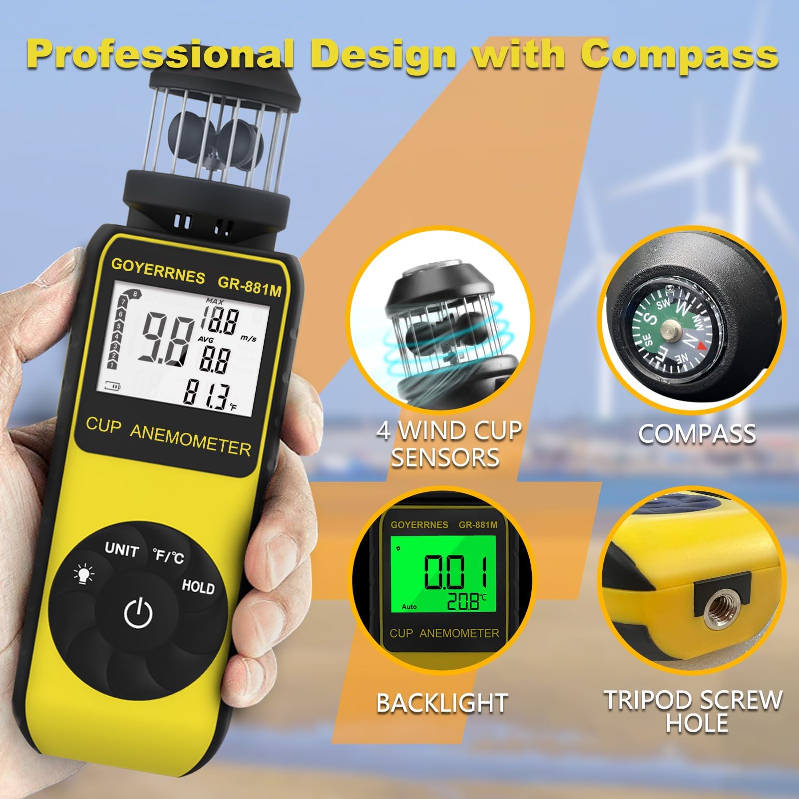 Anemometro digitale portatile con ventola, anemometro portatile, 881 m, misuratore di velocità con bussola