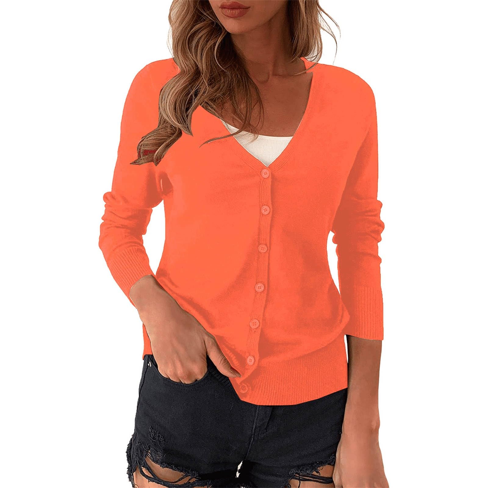 Cardigans para mujer elegante cárdigan casual manga larga suéter de punto estrecho transpirable con botones chaqueta camisa con cuello en V ligero clásico cárdigan de punto con botón verano