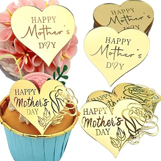 Happy Mother's Day Heart Cupcake Toppers, Gold Mirror Acrylic, 24 Pieces, Women's Day Cake Decoration Party Supplier