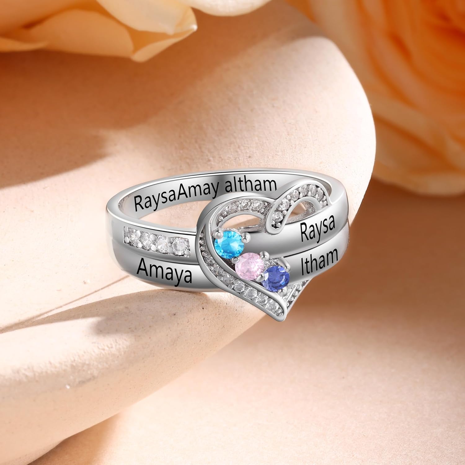 Custom Name Birthstone Rings for Women, 925 Sterling Silver Personalized Mothers Ring with 1-7 Birthstones, Promise Rings for Her Mother’s Day, Birthday, Christmas Gifts for Mom Wife Grandma