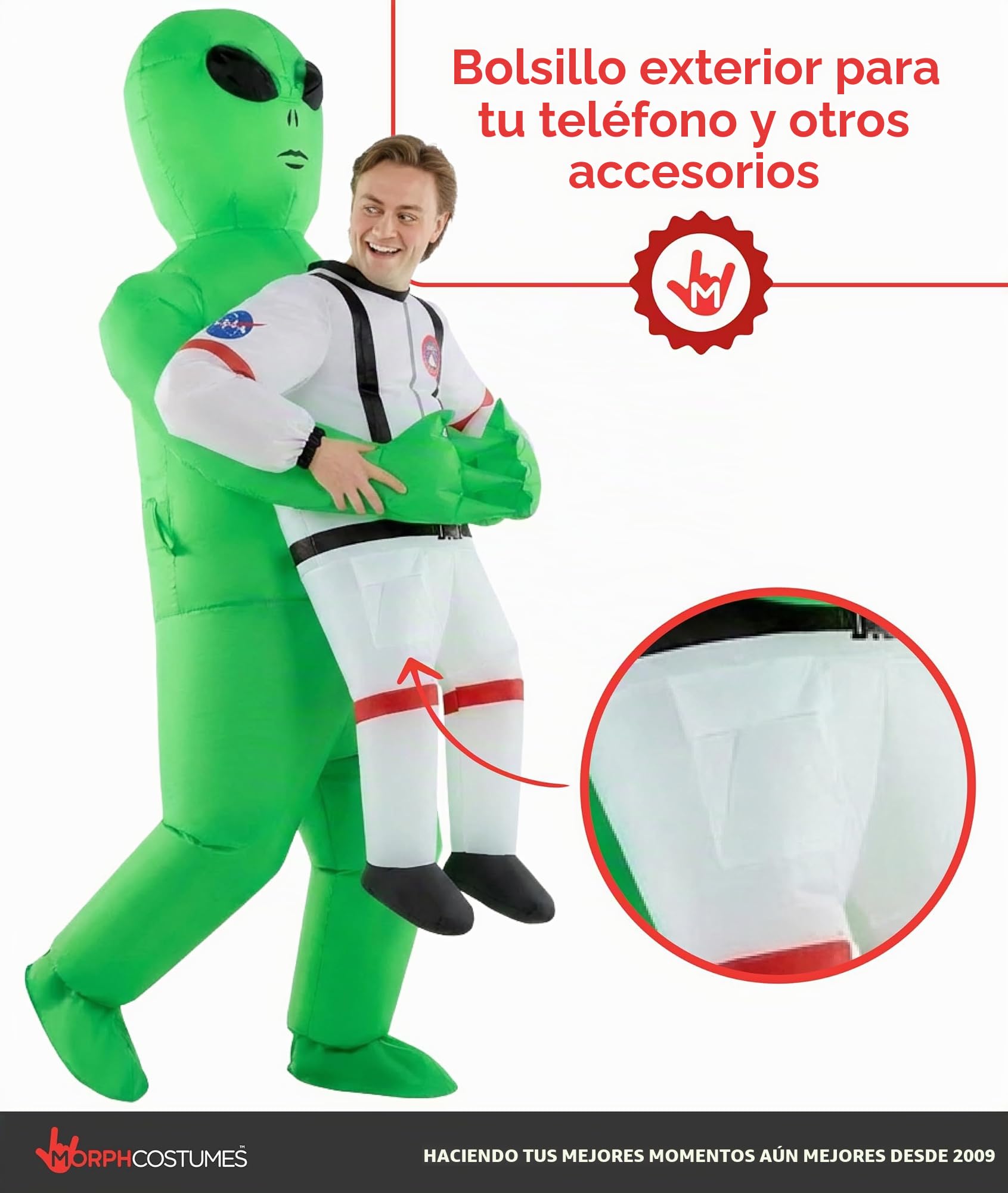 Morph Disfraz Alien Hinchable Adulto, Disfraz Halloween Hombre | Traje Inflable Blanco de Alien, Ventilador Integrado, Se Infla en Segundos, Perfecto para Halloween, Siempre un Éxito