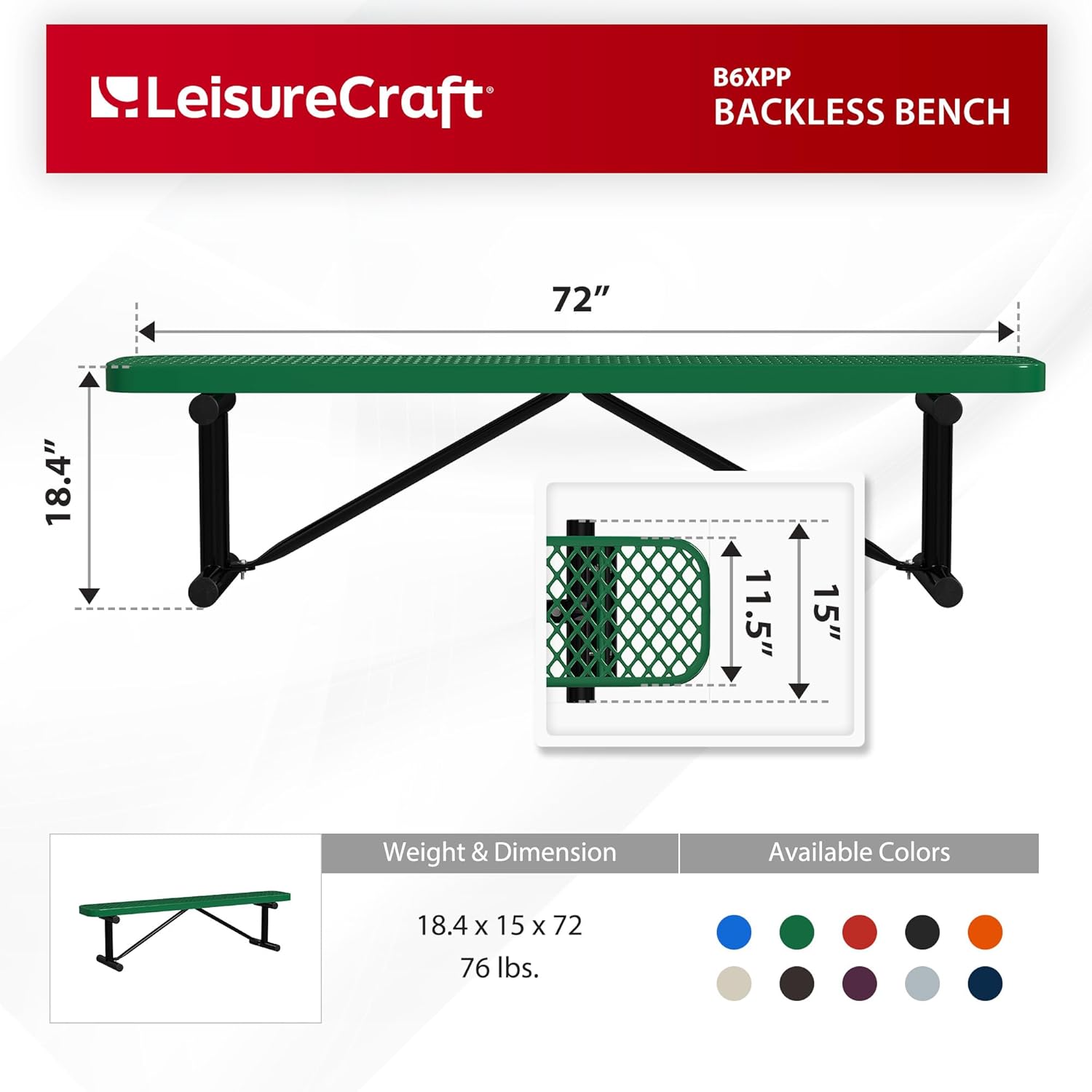 Leisure Craft Metal Outdoor Bench - 6 Foot Heavy Duty Backless Bench Seating for Garden, Porch, Picnic, Park, Expanded Metal, Thermoplastic Coating, Commercial Grade Furniture Made in USA - Green