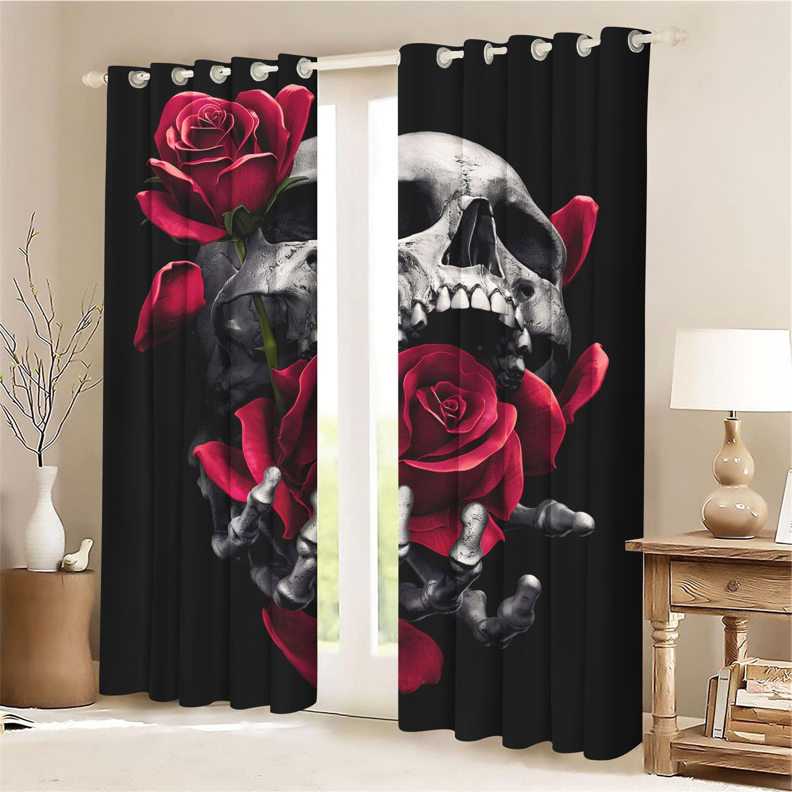 Vorhänge Gotisch Mit Totenkopf & Rosen – 2er Set, Blickdicht, 175x70 Cm Pro Stück, Thermo- & Schallschutz