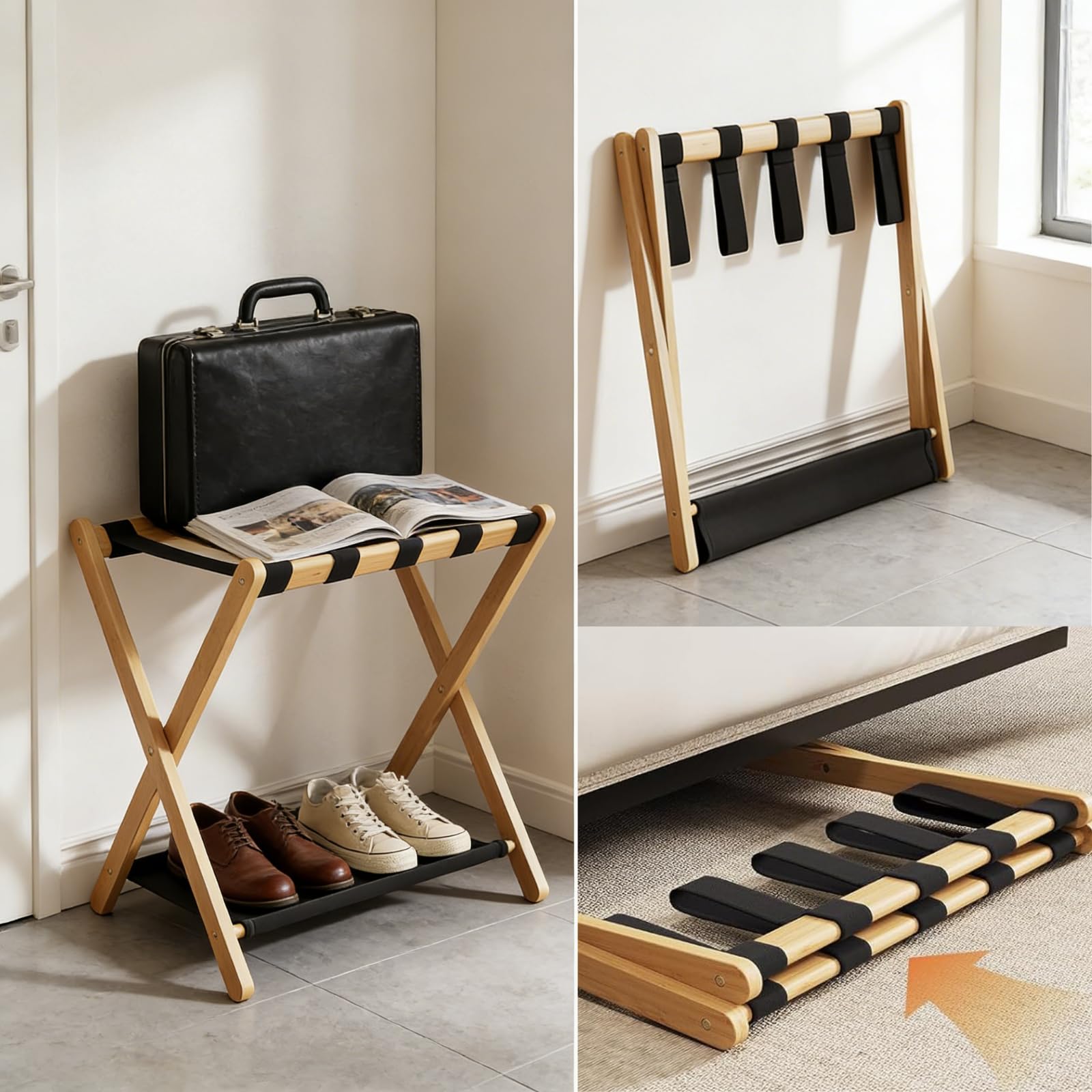 Portaequipajes de madera, soporte plegable de bambú natural con estante de almacenamiento para habitación de invitados, dormitorio, sala de estar de hotel, 5 correas de nailon, resistente, se