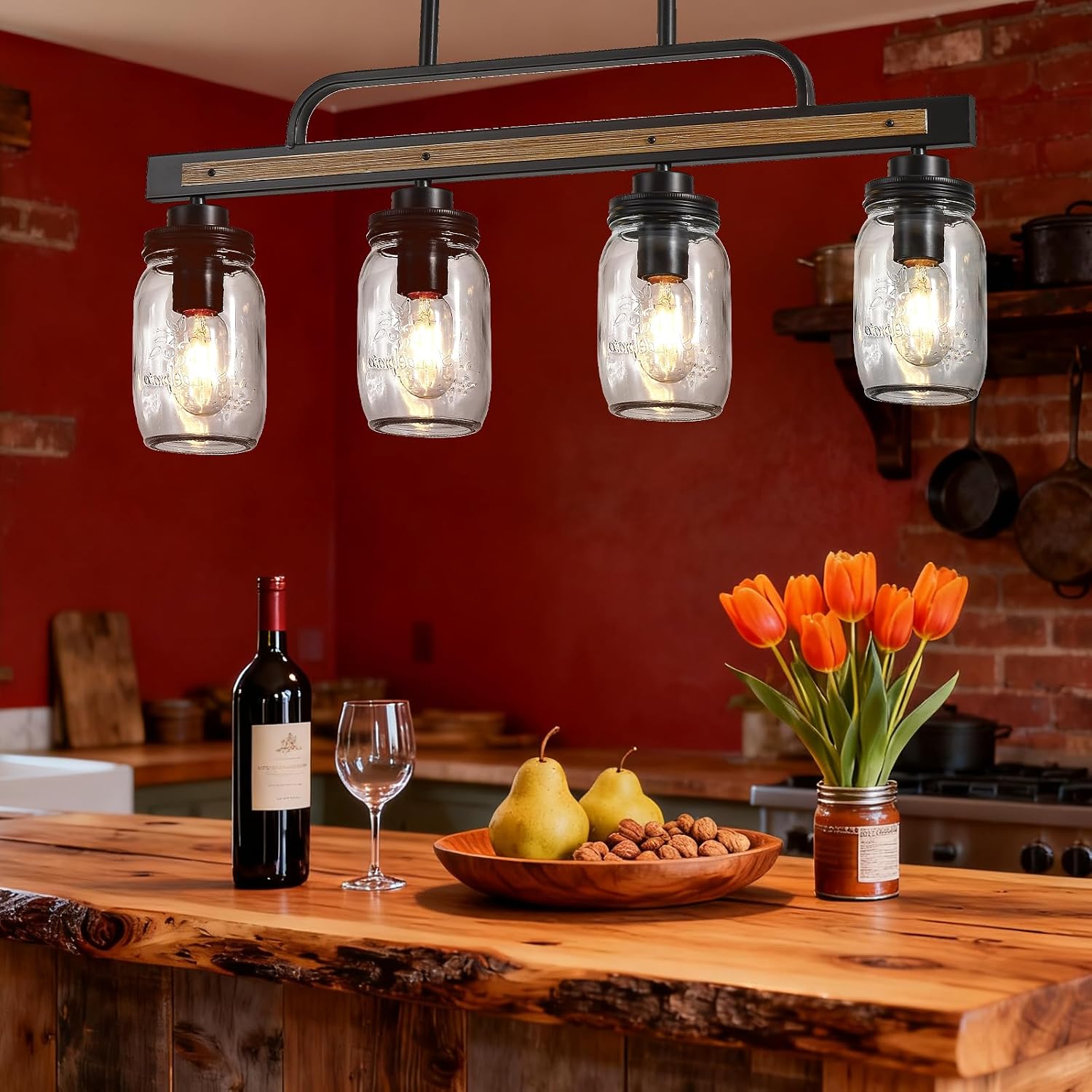 4-Light Farmhouse Dining Room Chandelier, Black Mason Jar Chandelier Lighting Fixture for Kitchen Island, Dining Room, Rustic Linear Cluster Hanging Pendant Light, Faux Wood with Glass Shade