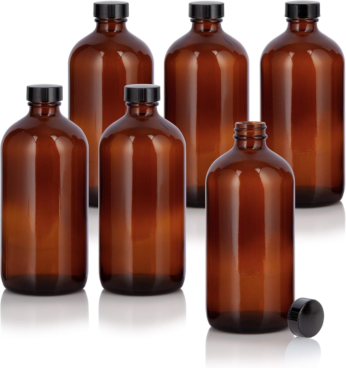 JUVITUS (6 Pack) 16 oz Amber Glass Boston Round Bottle with Airtight Black Phenolic Cap