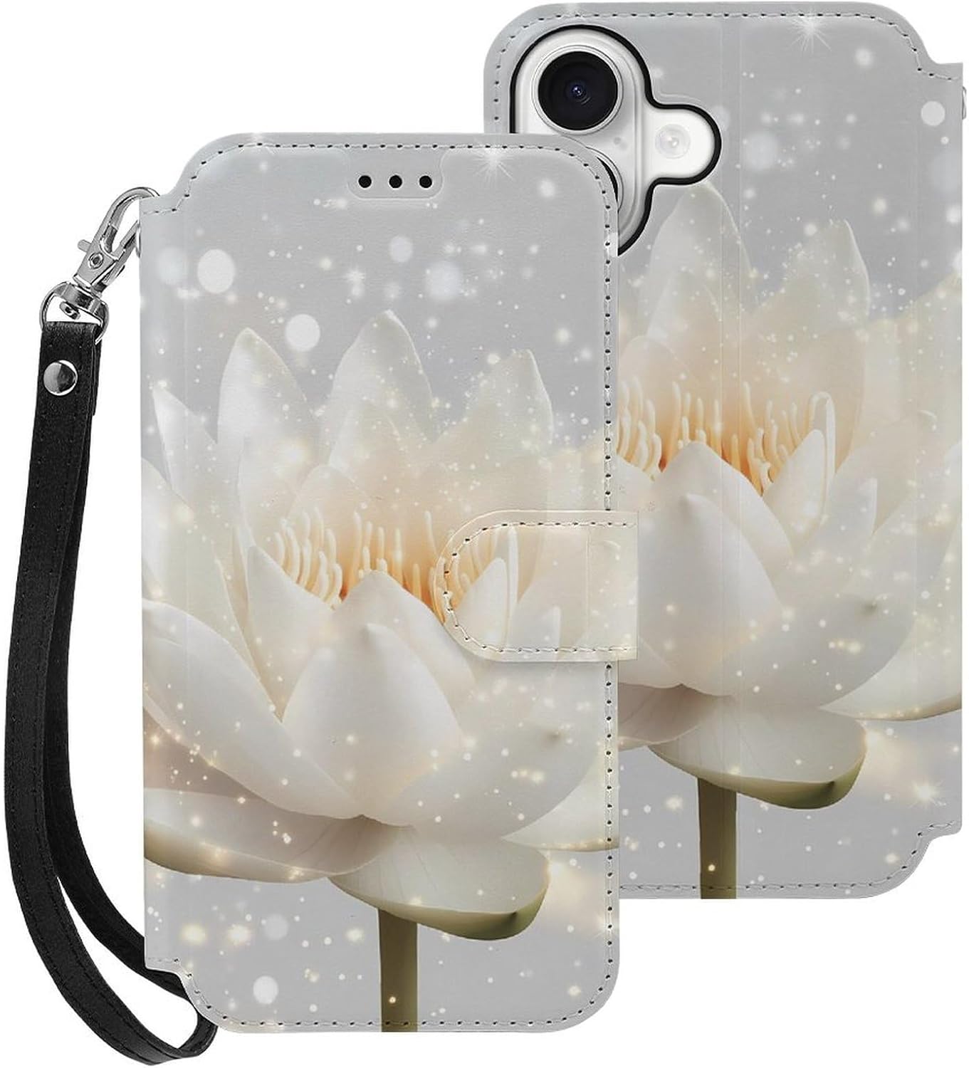 Sparkles Lotuss Flower Compatible with iPhone 16/16 Plus/16 Pro/16 Pro Max/16 E Case Phone Wallet Card Holder Flip Cover with Wrist Strap