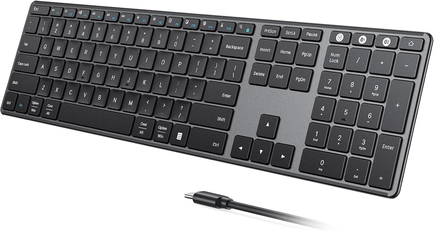 seenda SK64-3 Rechargeable Bluetooth Keyboard, 3-Device, Black Gray
