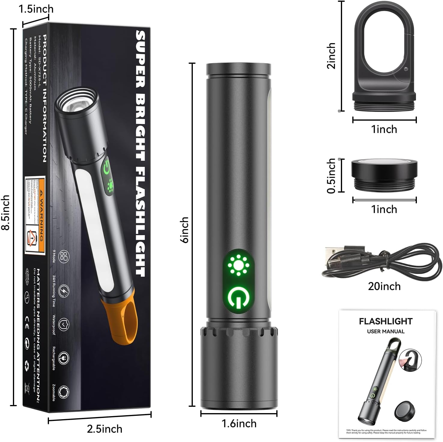 High Lumens Flashlight Rechargeable-Magnetic,Hanging,Zoom Beam,Side Light Multi-Function LED Flashlights Super Bright Powerful Waterproof Flash light for Camping,Emergency,Hiking,Dog Walking,Home