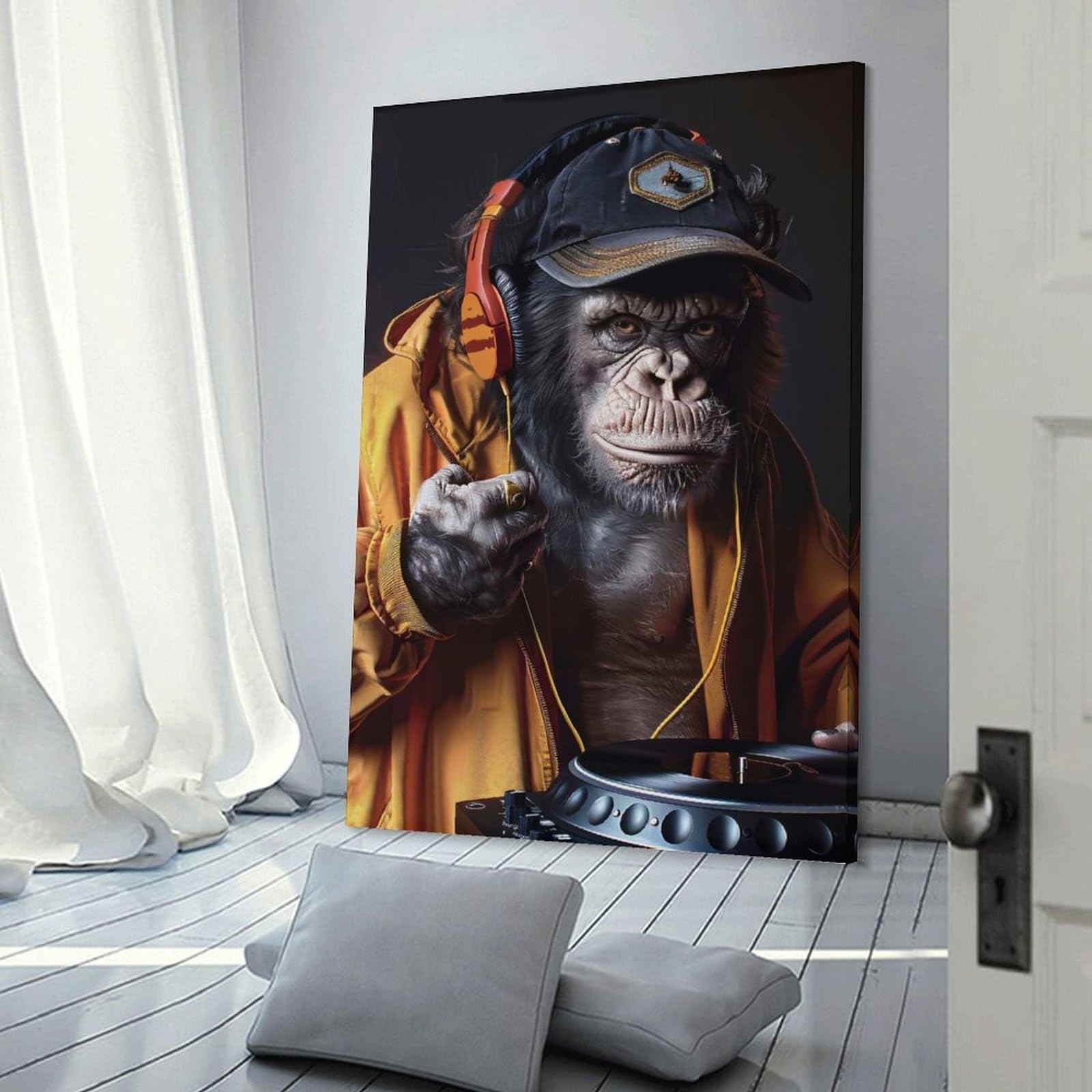 Junmoney Frame-Style-17-1 Chimpanzee Dj With Headphones And Turntable Canvas Wall Picture, 24X36inch(60X90cm), For Study, Office Or Apartment Decor, A Wall Art Gift For Fresh Interiors