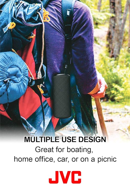 JVC Portable Wireless Speaker with Surrounding Sound, Bluetooth 4.2, Waterproof IPX7, 8-Hour Battery Life - SPSX2BT,Black