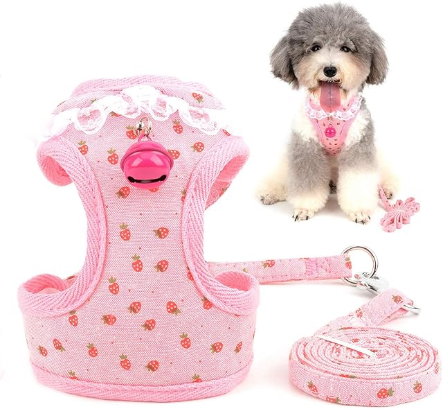Zunea Escape Proof Cat Harness and Lead Set Adjustable No Pull Mesh Padded Vest with Bell, Cute Floral and Strawberry Printed Small Dog Harnesses for Puppy Kitten for Walking Pink S