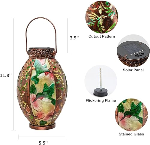 Miniatura 6 de Farol solar colgante al aire libre impermeable de vidrio solar colibrí llama parpadeante luces LED de jardín lámparas de mesa huecas de metal