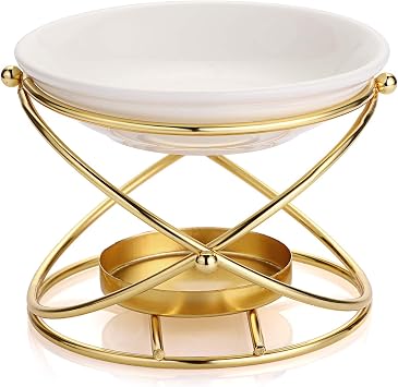 JuxYes European Metal Oil Burner Wax Warmer, Delicate Romantic Ceramic Tealight Candle Holder Oil Burner, Fragrance Warmer Aromatherapy Wax Candle Tart Burner Warmer Diffuser for Home Bedroom Decor