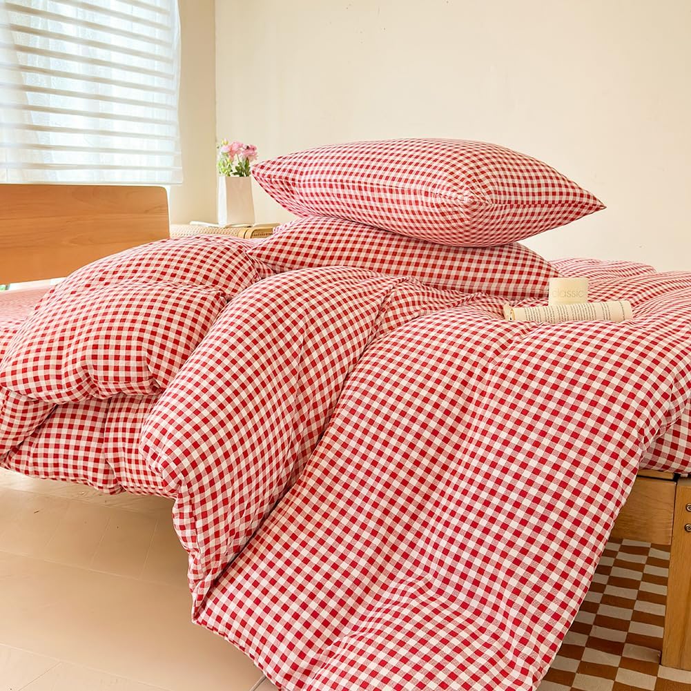 NSNLGSGC Red Gingham Duvet Cover Set Queen, Grid Simple Geometric Square Pattern Comforter Cover,Soft Plaid Washed Microfiber Bedding Cover(3PCS,Queen) - Image 5