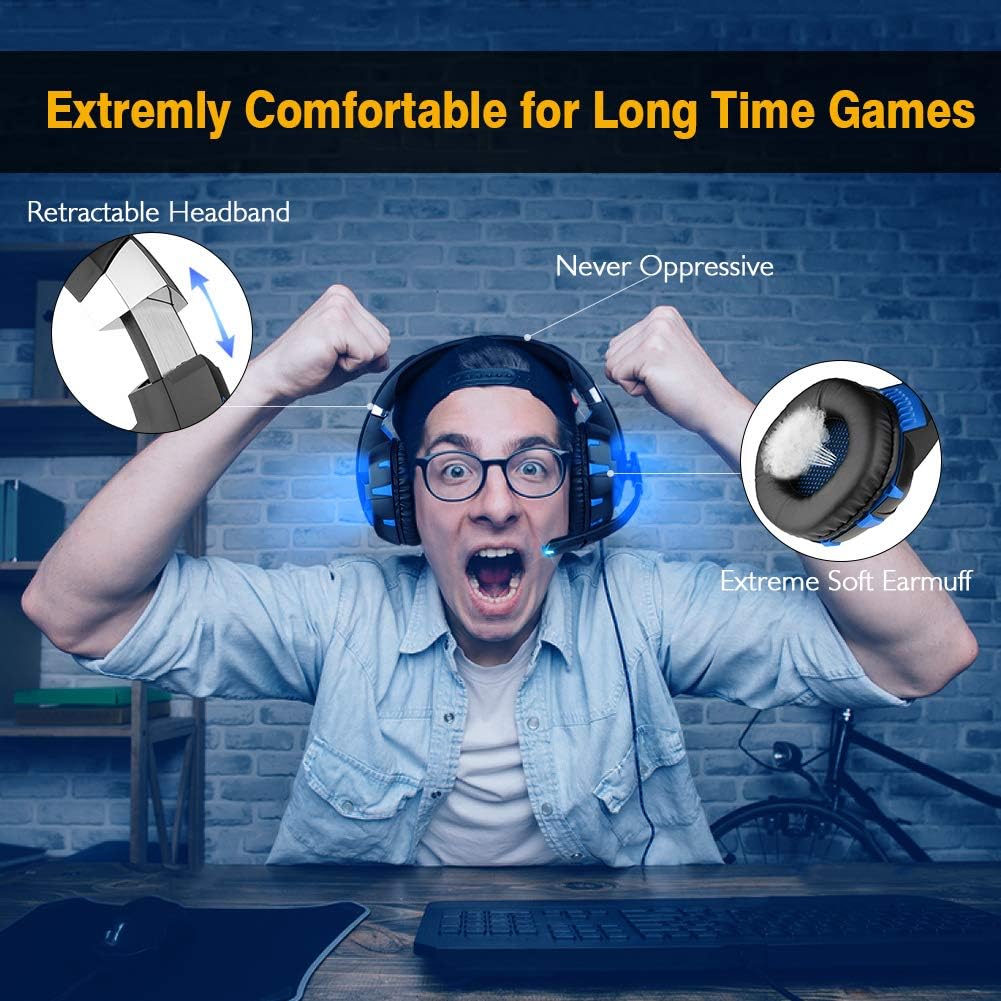 K2 Gaming Headset with Mic Noise Cancelling Over Ear Headphones for PC, PS4, Controller, Laptop, LED Light, Stereo Sound with Bass (Blue)